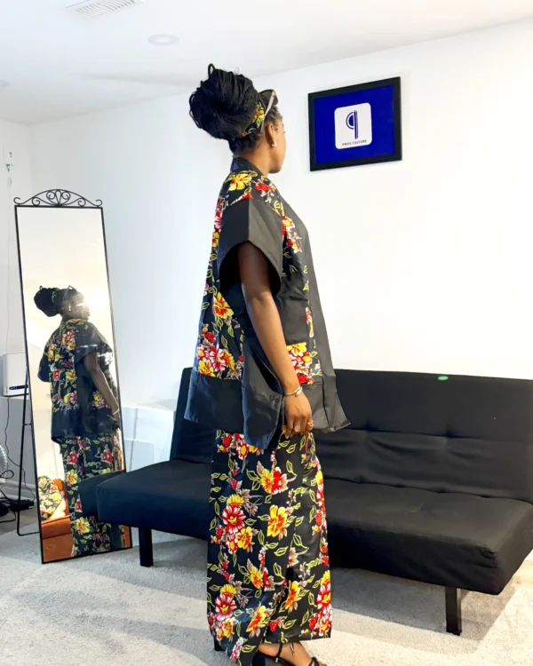 Yellow & Black Flowery Ankara Bubu Jacket & Pant - Image 3