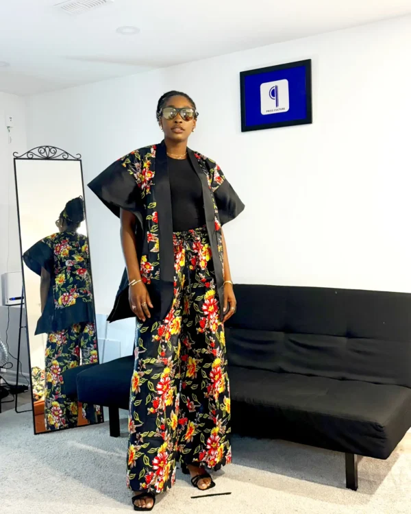 Yellow & Black Flowery Ankara Bubu Jacket & Pant - Image 4