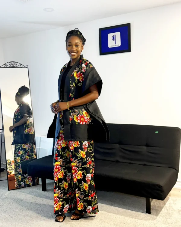 Yellow & Black Flowery Ankara Bubu Jacket & Pant - Image 2