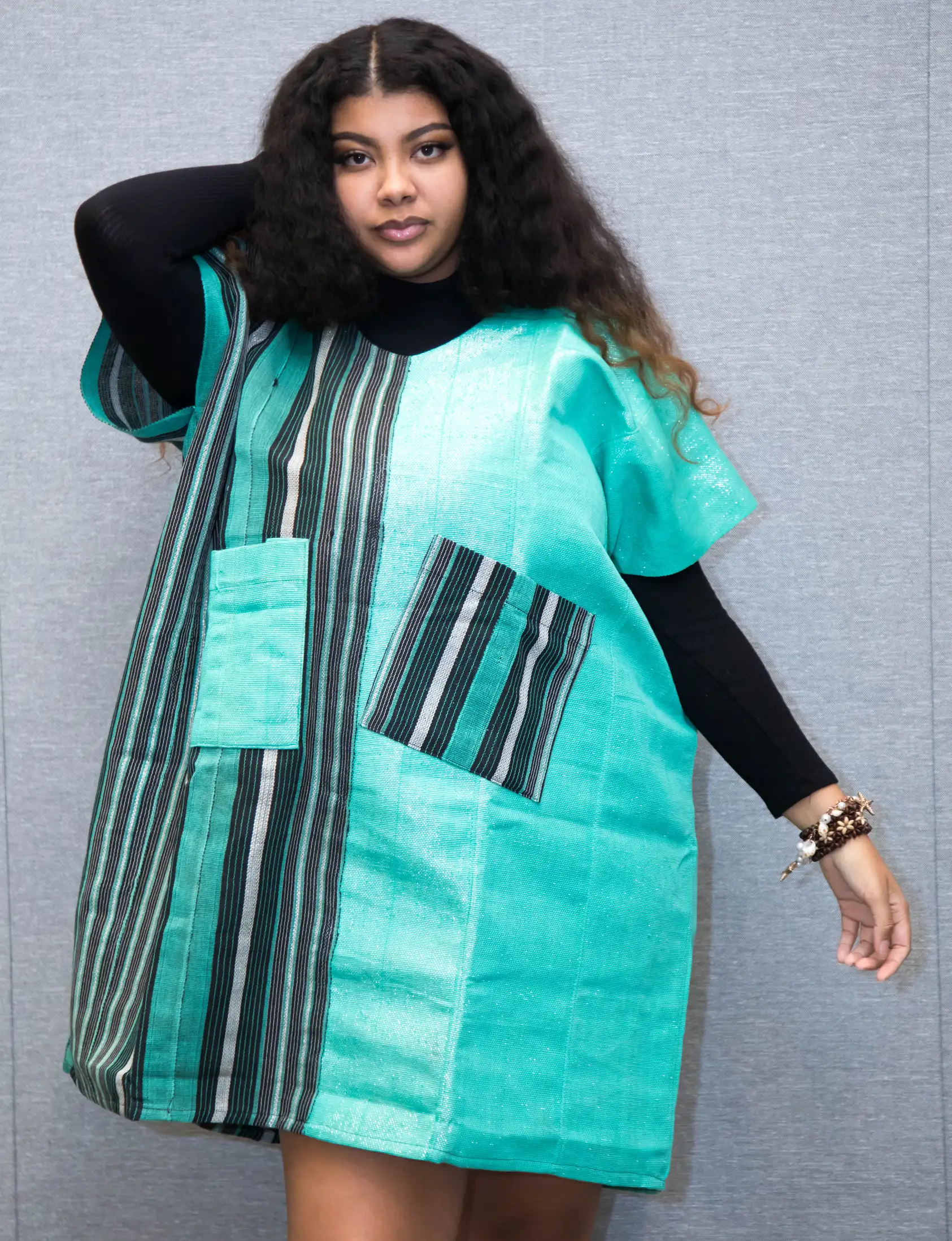 Short Aso oke Green Color Mix - Image 5
